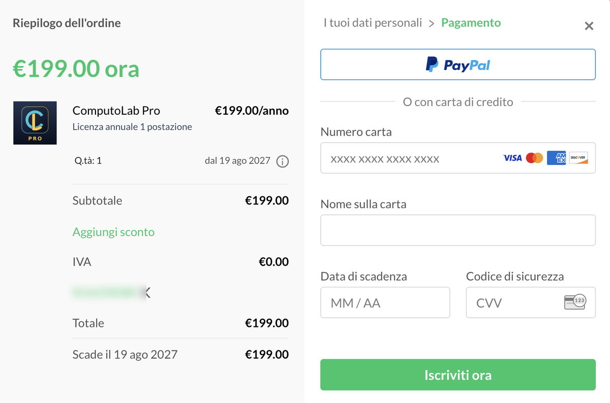 The same summary after a valid VAT number has been entered: the VAT goes to zero and the total returns to 199 euros.