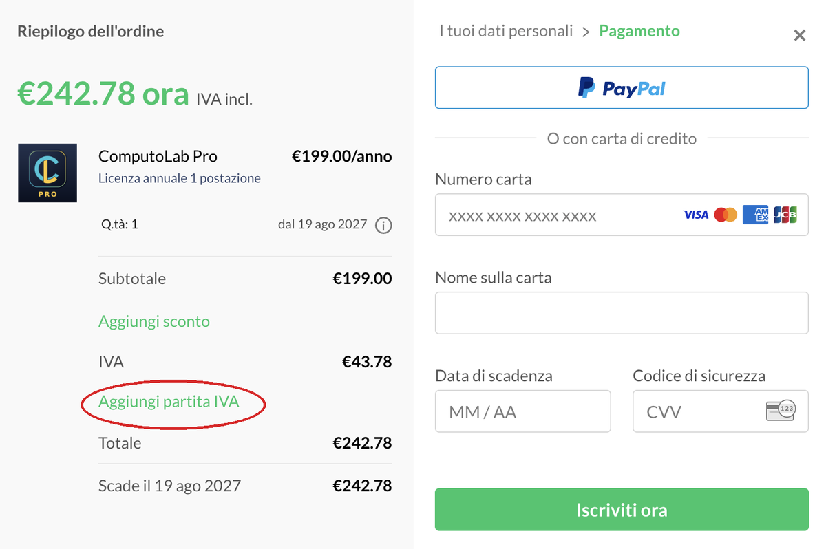 The Paddle payment window: in the left-hand column, below the VAT line, the item “Add VAT number”, highlighted by a red circle.