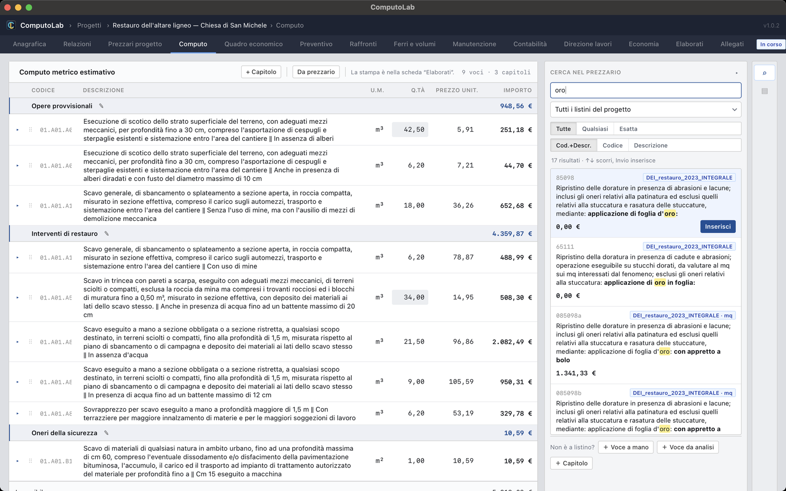 ComputoLab al lavoro: il computo metrico con i capitoli Demolizioni, Murature e Sicurezza, quantità e prezzi unitari, l'imponibile con gli oneri della sicurezza e l'IVA, e a destra la ricerca nel prezzario con le varianti di una voce.