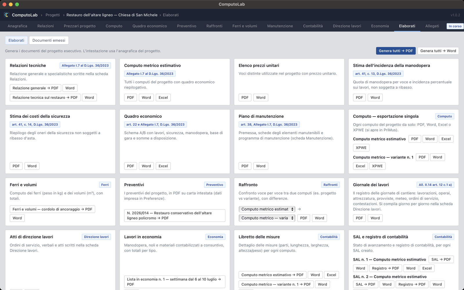 Gli elaborati generati da ComputoLab: computo metrico estimativo, quadro economico, elenco prezzi unitari, stima dell'incidenza della manodopera e dei costi della sicurezza, libretto delle misure, piano di manutenzione, ciascuno con il riferimento al D.Lgs. 36/2023.