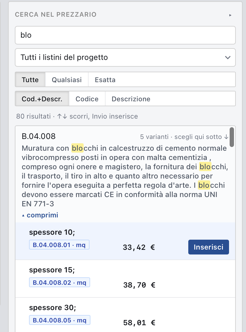 La ricerca nel prezzario di ComputoLab: cercando «blo» compaiono 80 risultati, e la voce B.04.008 mostra le sue cinque varianti raggruppate — spessore 10, 15, 20, 25 e 30 — ognuna con codice, unità di misura e prezzo.